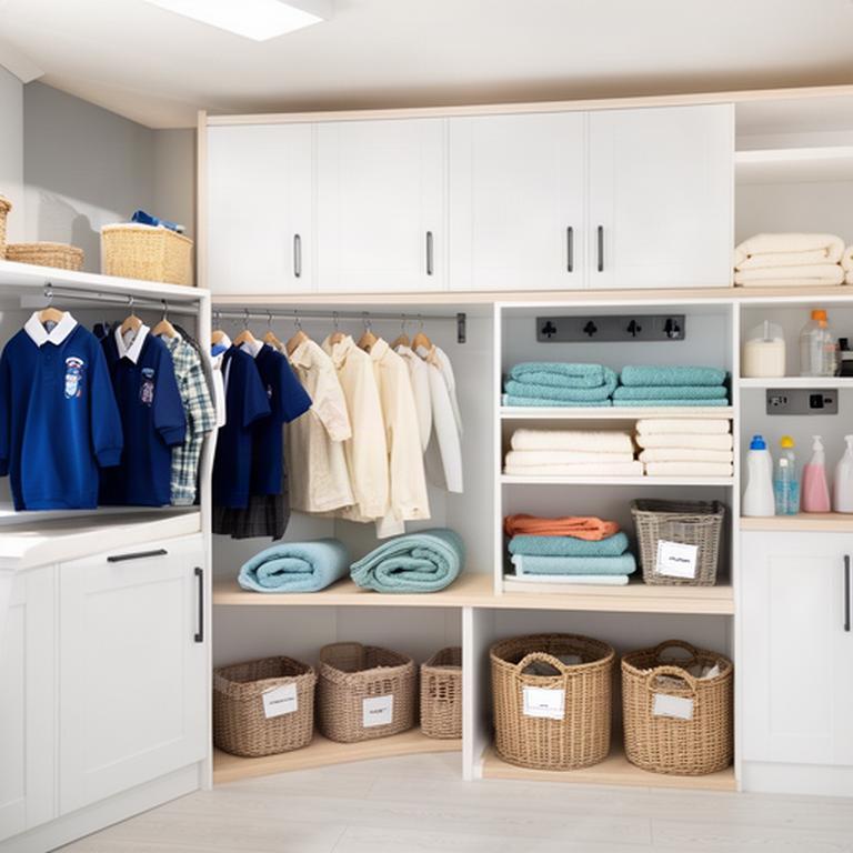 Laundry room storage with school uniforms, towels and labelled baskets arranged for a busy family