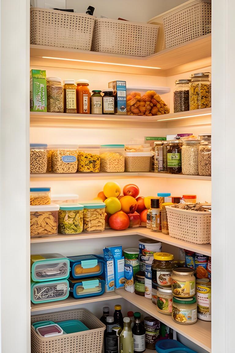 Organised family pantry in an Atherton home, with lunchbox snacks and everyday ingredients grouped on reachable shelves