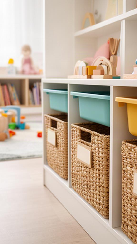 Storage baskets and labelled shelves arranged at child height in a light family playroom