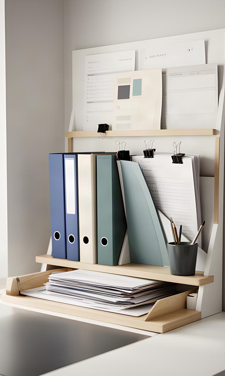 Family paperwork station with school notices, labelled folders and a tray for incoming forms