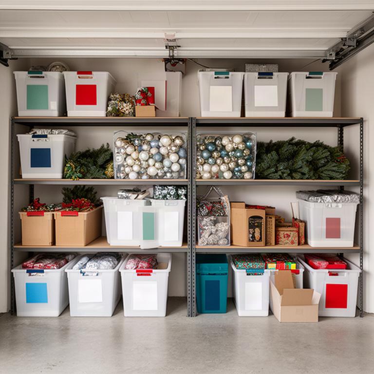 Seasonal household storage with labelled tubs for holiday decorations and clear space for family gear