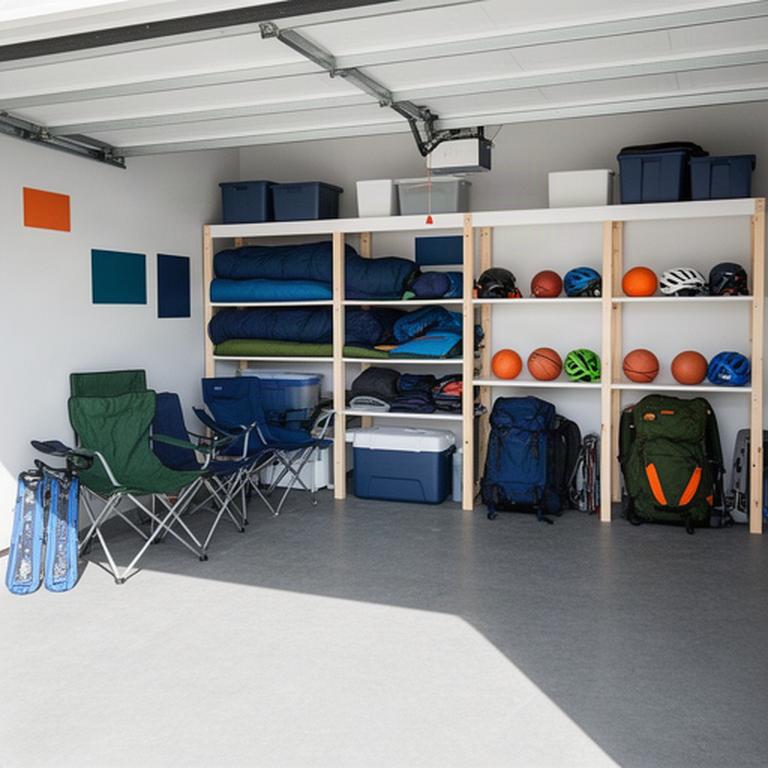 Family sports and camping equipment sorted into labelled storage zones in a tidy garage
