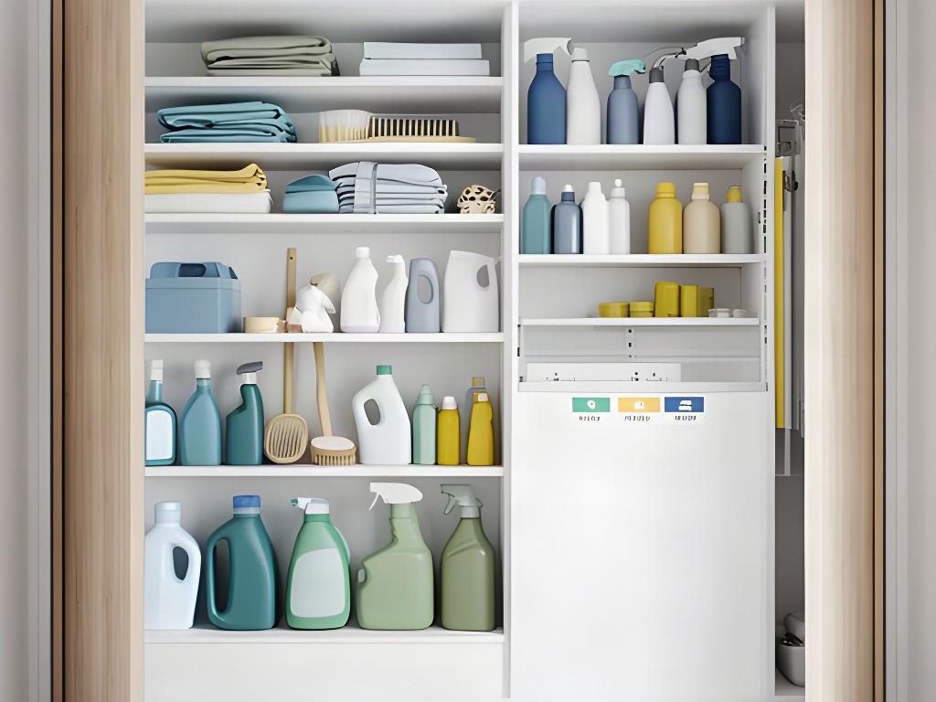 Organised household utility cupboard with cleaning supplies stored safely and labelled shelves for shared use