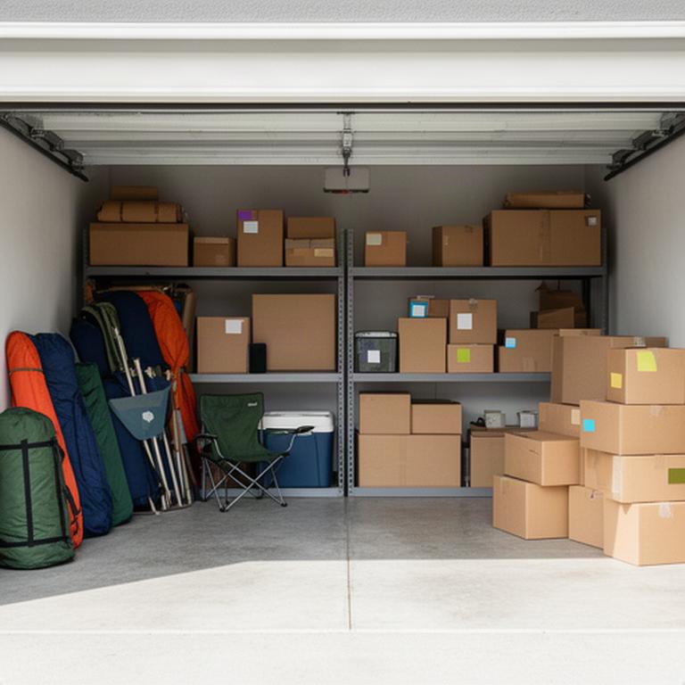 Organised garage with camping equipment grouped separately from items packed for the new home