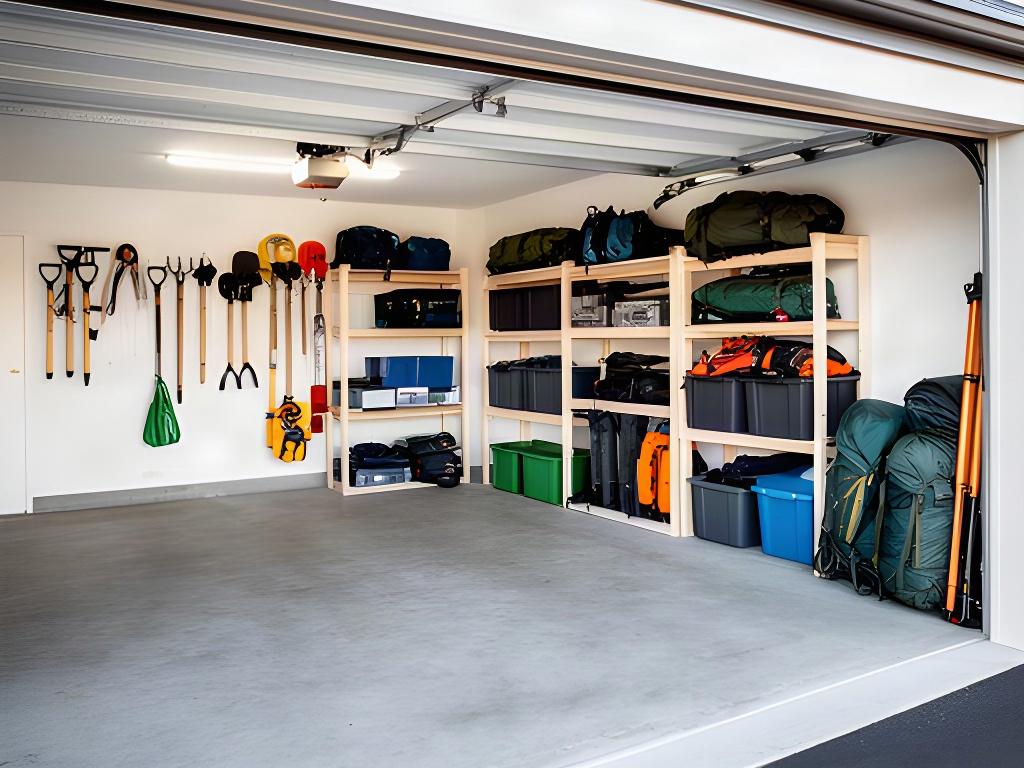 Garage storage in an Atherton home with garden tools, camping equipment and labelled seasonal zones