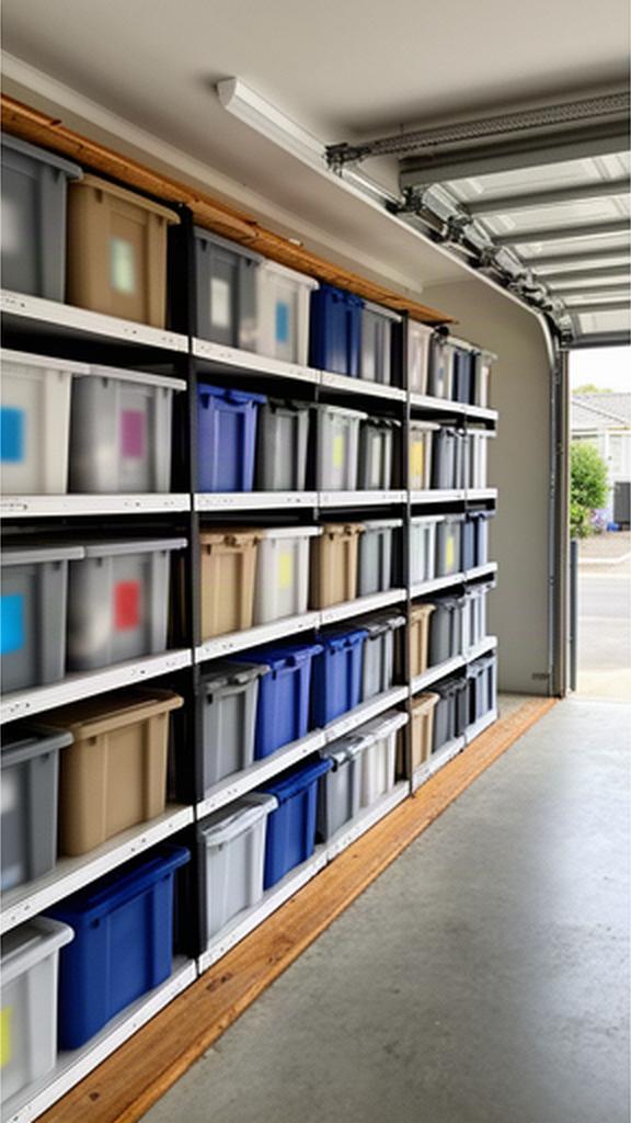 Labelled storage tubs arranged on garage shelving to show available space to prospective buyers