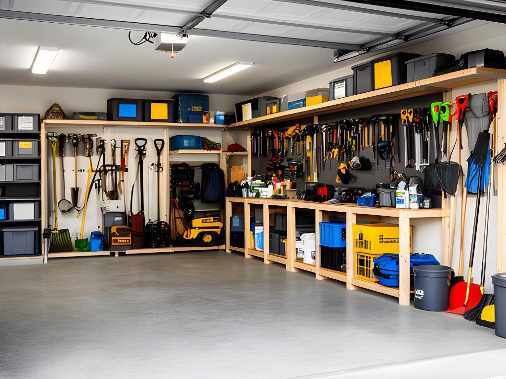 Garage storage with tools grouped on shelves and floor space kept clear for household access