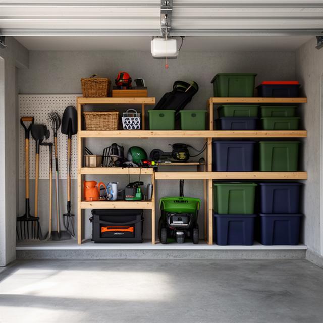 Clear garage shelving with garden tools and seasonal storage grouped into accessible zones