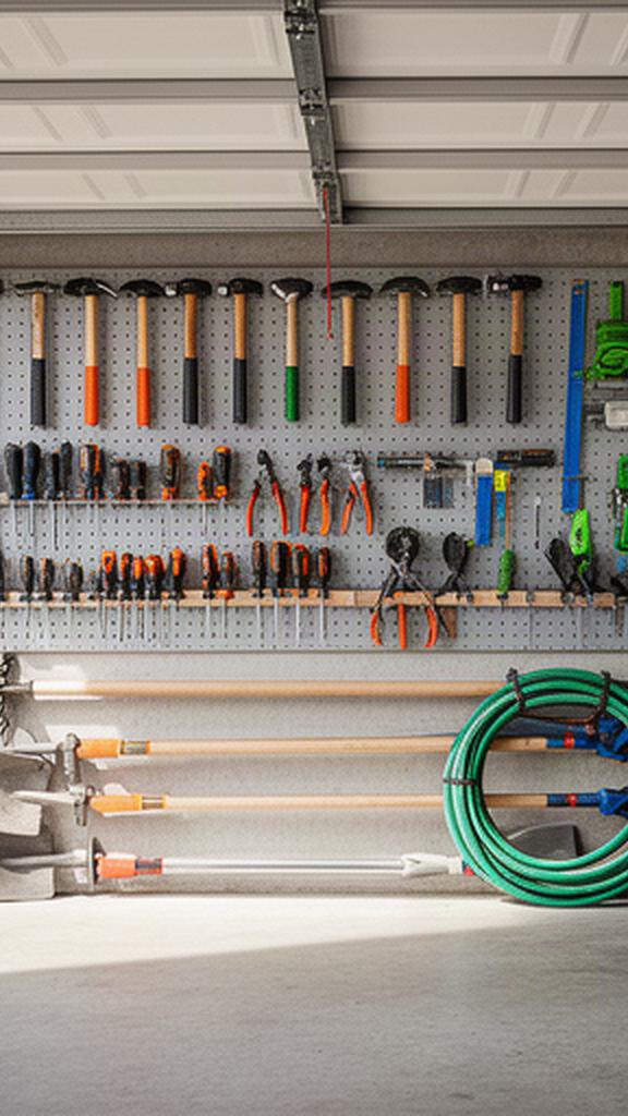 Garage wall with hand tools grouped on hooks and garden equipment stored safely below