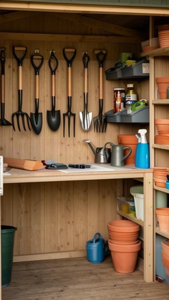 Neatly organised garden shed with hand tools grouped on wall hooks and supplies arranged on shelves