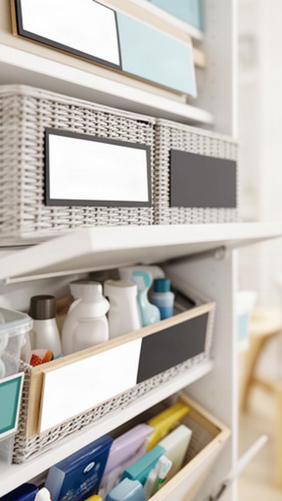 Close view of high-contrast labels on open household storage in a bright, lived-in home