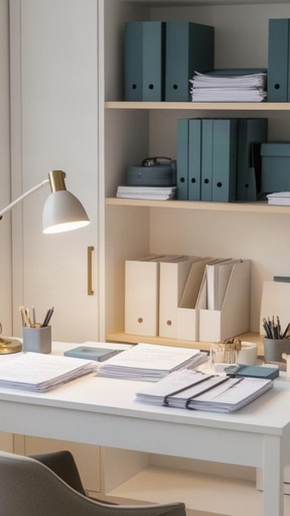 A compact home office with papers filed, supplies grouped and a clear desk for focused work