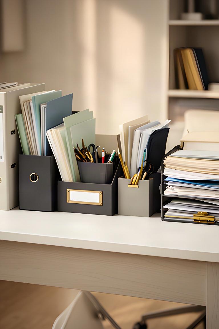 Home office with paperwork sorted into labelled files beside a clear desk and stationery organiser