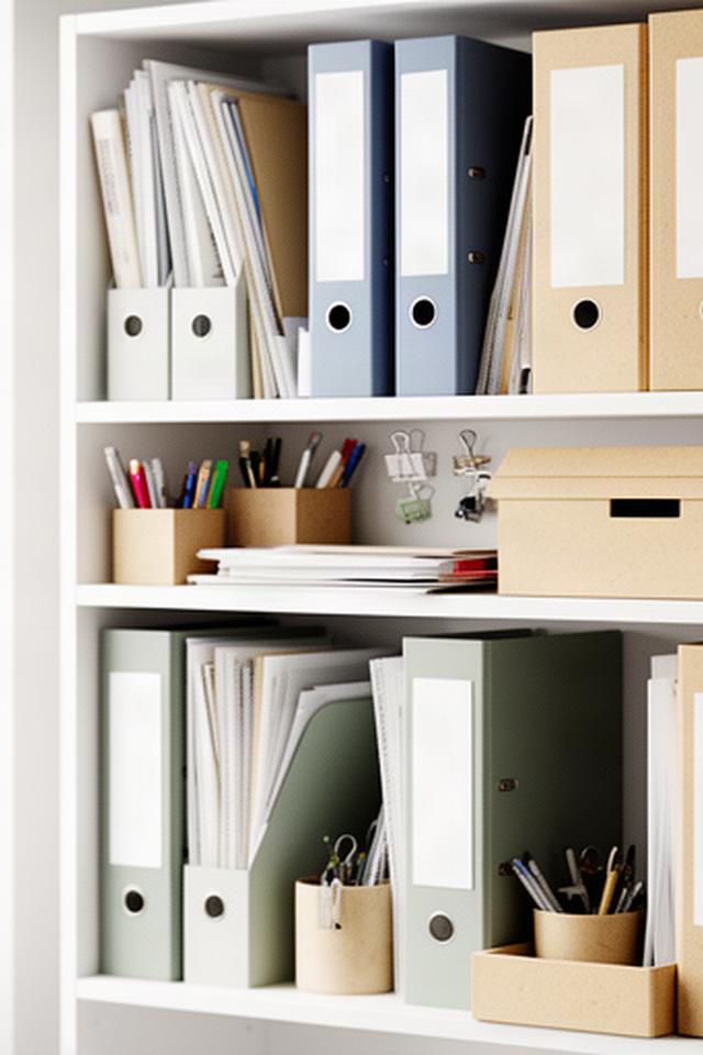 Home office filing shelf with labelled folders, stationery and household paperwork grouped together