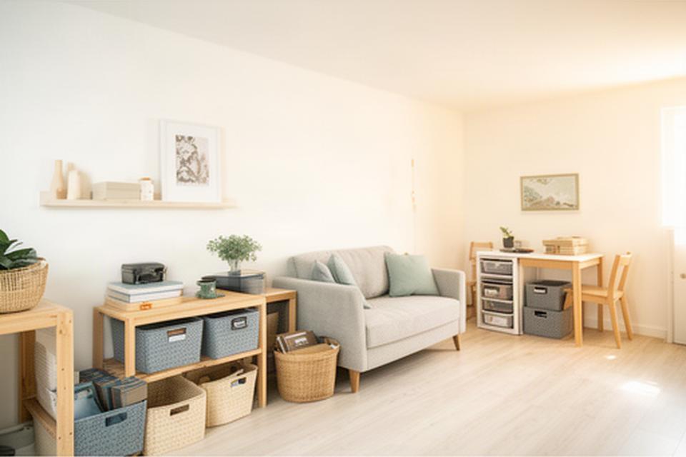 Smaller, bright home with thoughtfully arranged furniture and labelled storage after a downsizing move