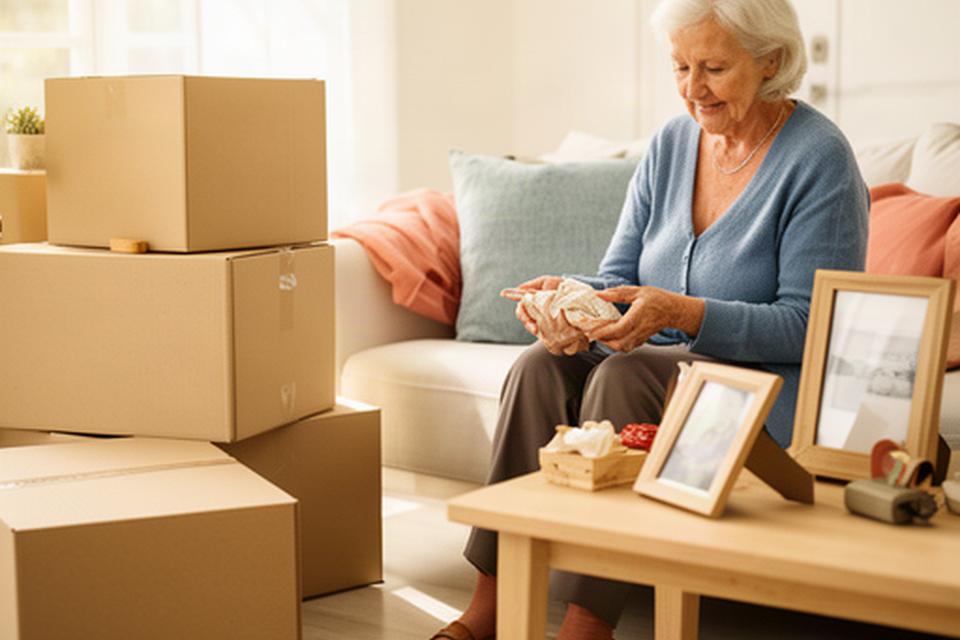 Older adult reviewing a few treasured belongings beside well-labelled moving boxes in a bright home