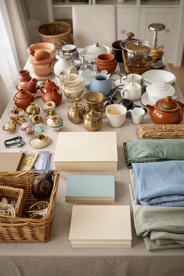 Carefully sorted inherited household items laid out on a dining table ready for family decisions