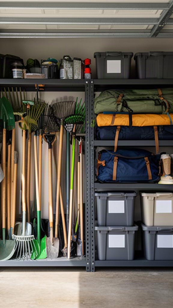 Garage shelving holding garden tools, camping gear and labelled storage tubs in a Queensland home