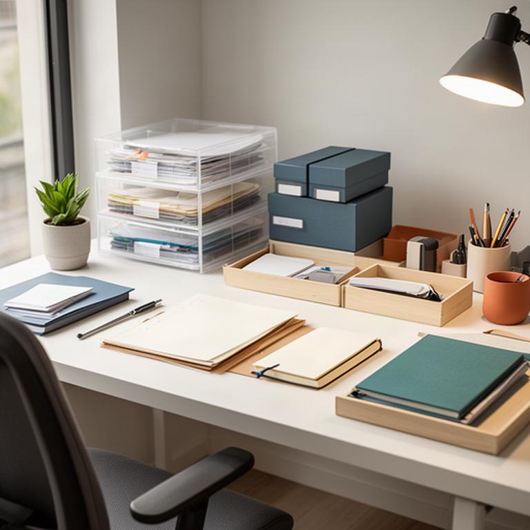 Home office desk with sorted paperwork, accessible stationery and clear filing storage