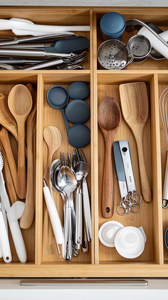 Neatly arranged kitchen drawer with separated utensils and everyday cooking tools