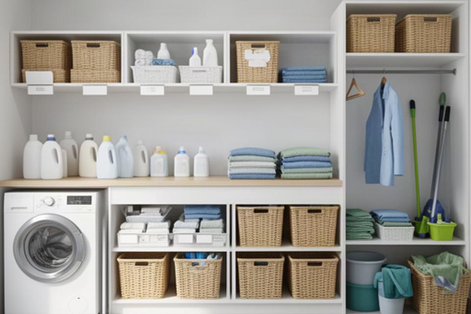 Laundry room with baskets and labelled shelves arranged for household linens and cleaning supplies