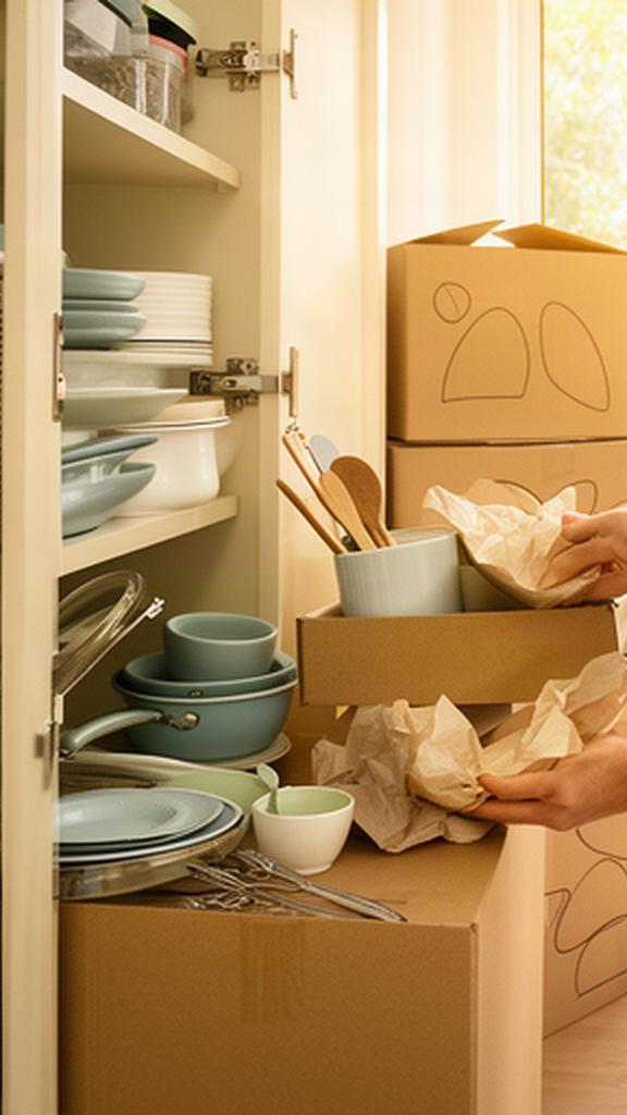Unpacking in a sunlit Atherton home with labelled boxes and kitchen essentials being put away