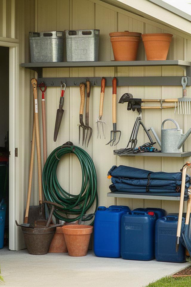 Outdoor storage area with clearly grouped garden equipment and durable containers near a Queensland shed