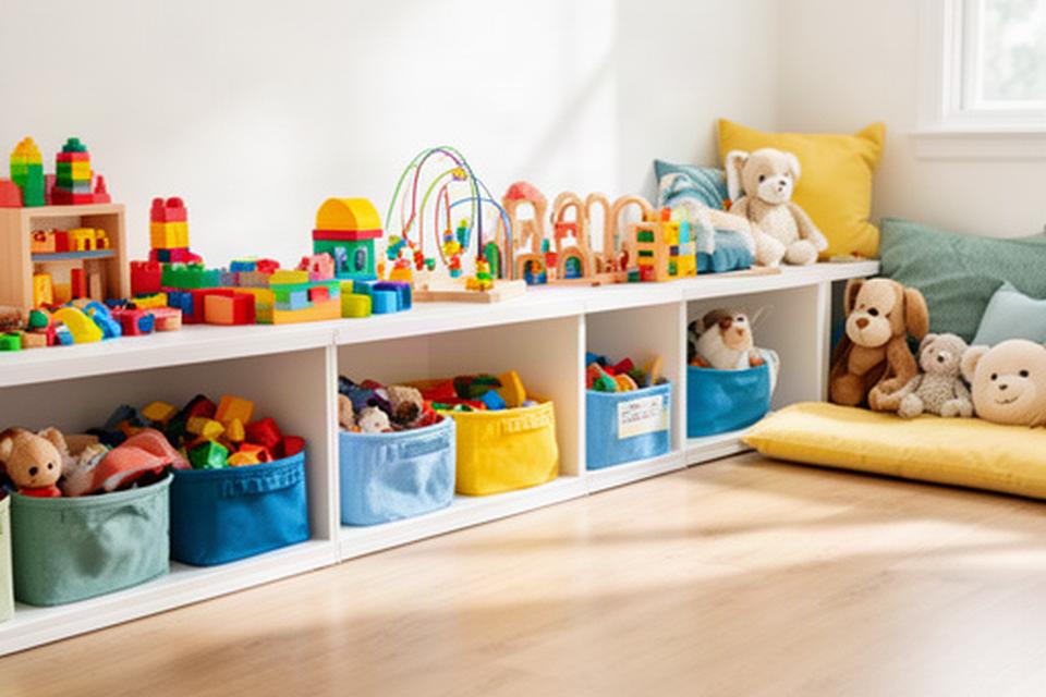 Bright family playroom with toys sorted into low, easy-to-reach baskets