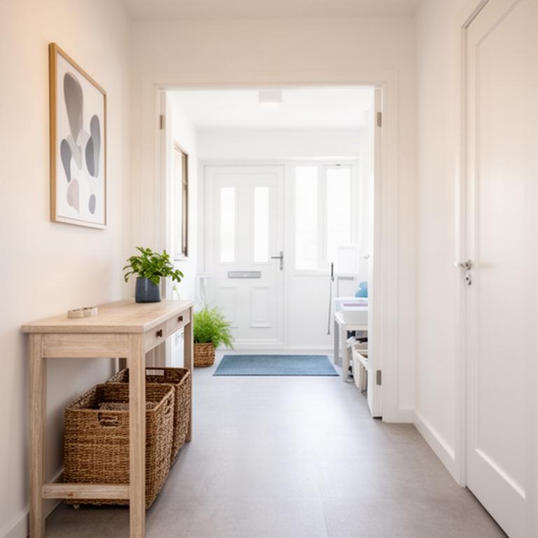 Tidy rental property entry with clear surfaces and practical storage baskets ready for inspection