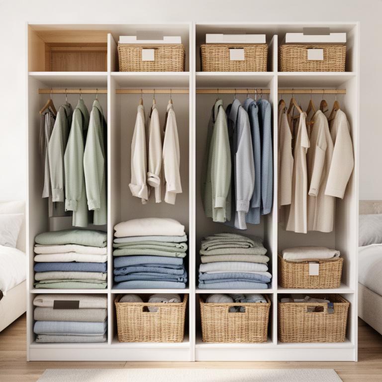 A well-organised bedroom wardrobe with carefully folded clothes and clear seasonal storage