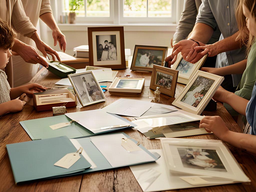 A family sorting framed photographs and personal mementos at a timber table