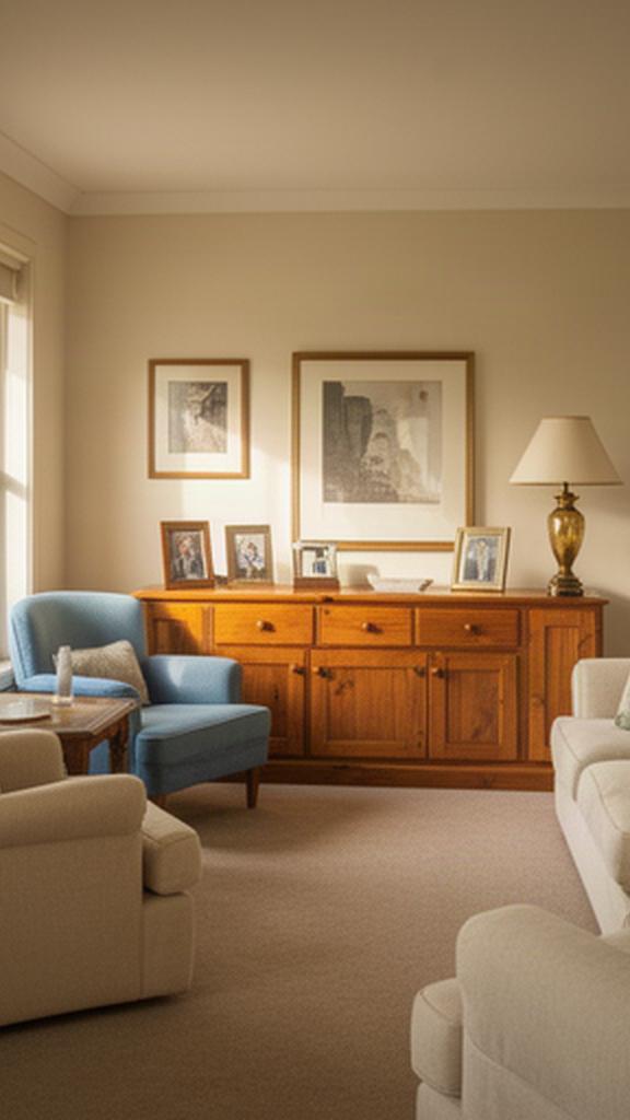 A quiet, well-kept living room with selected family furniture ready for a new home