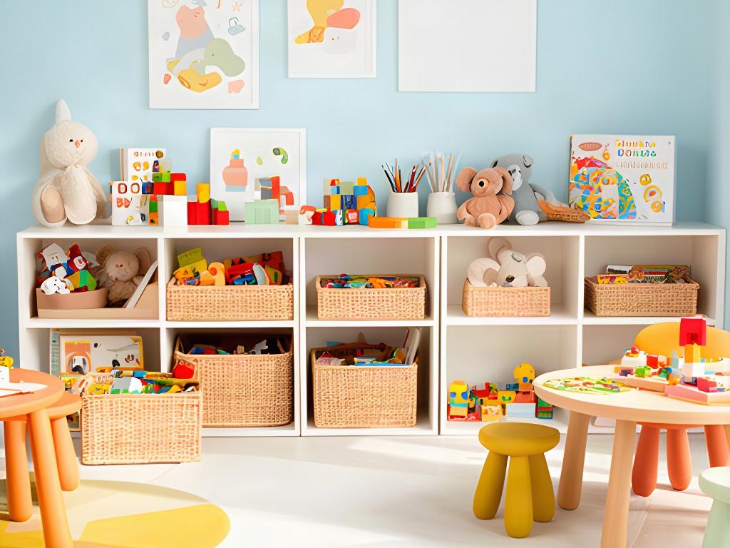 Tidy children's play area with open baskets that make toys easy to see and simple to put away