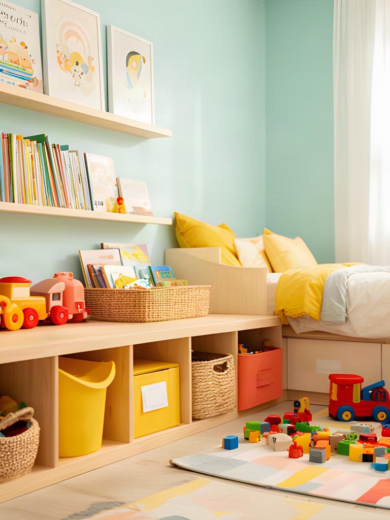A child's bedroom with books, toys and clothes grouped into accessible storage zones