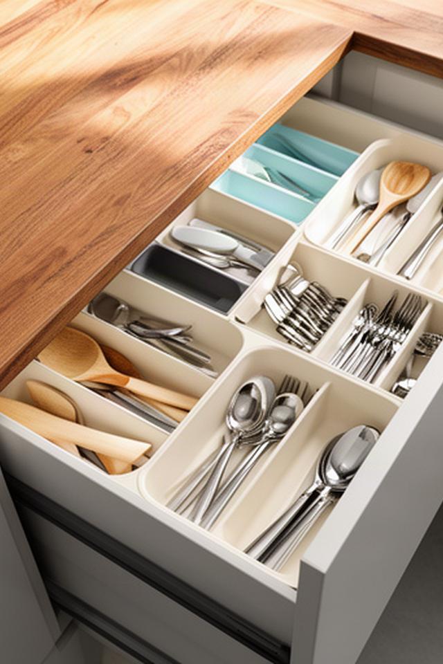 Clear kitchen drawers with utensils separated in simple dividers beside a timber benchtop