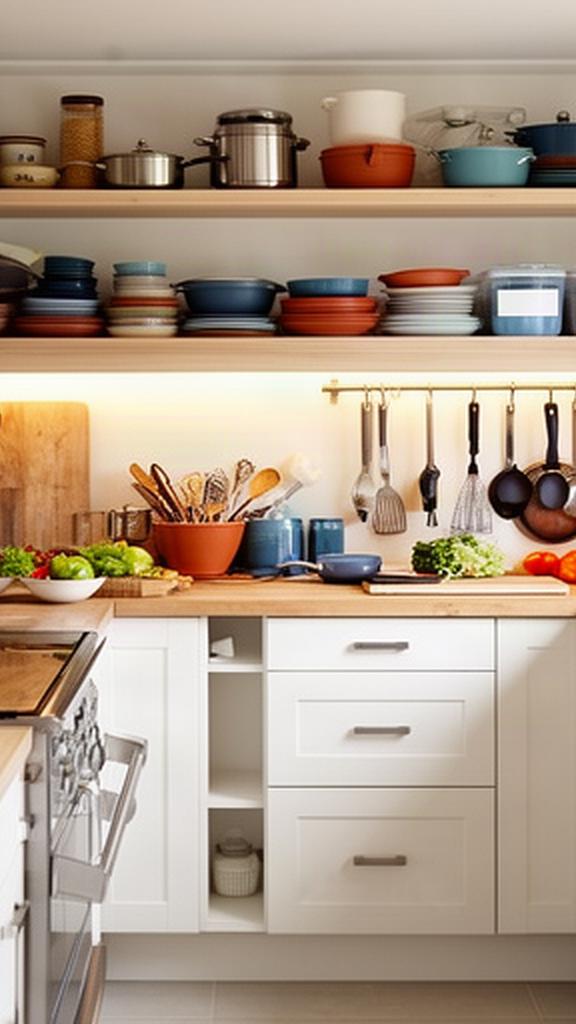 A well-used family kitchen with cooking tools and dishes organised close to the workbench