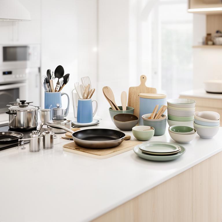 Bright family kitchen with cooking tools and everyday dishes arranged beside the workbench