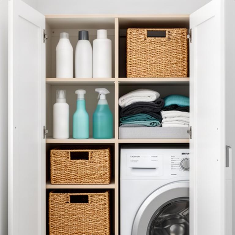 Compact laundry cupboard with separated cleaning products, baskets and everyday supplies