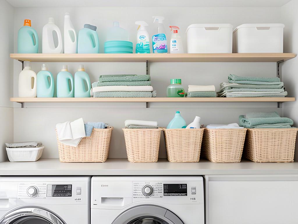 A working laundry with cleaning supplies grouped on shelves and baskets ready for daily washing