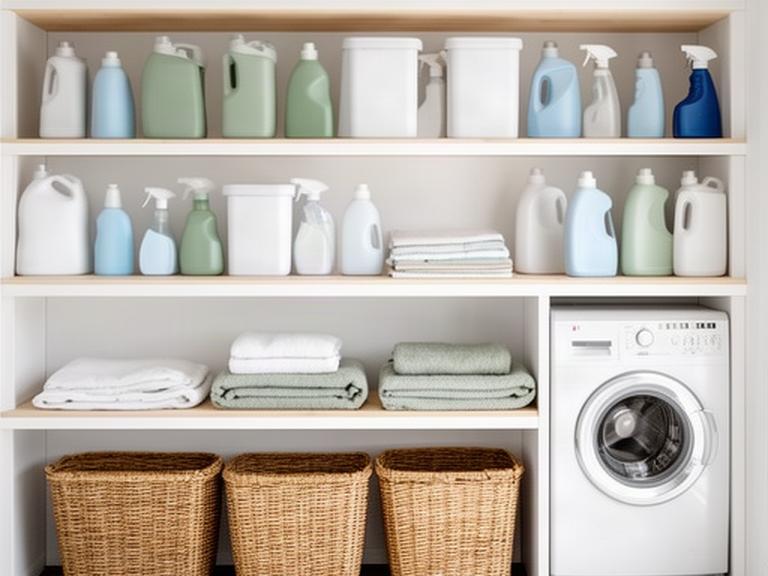 Shelving in a laundry with cleaning supplies grouped safely and labelled baskets for household linen