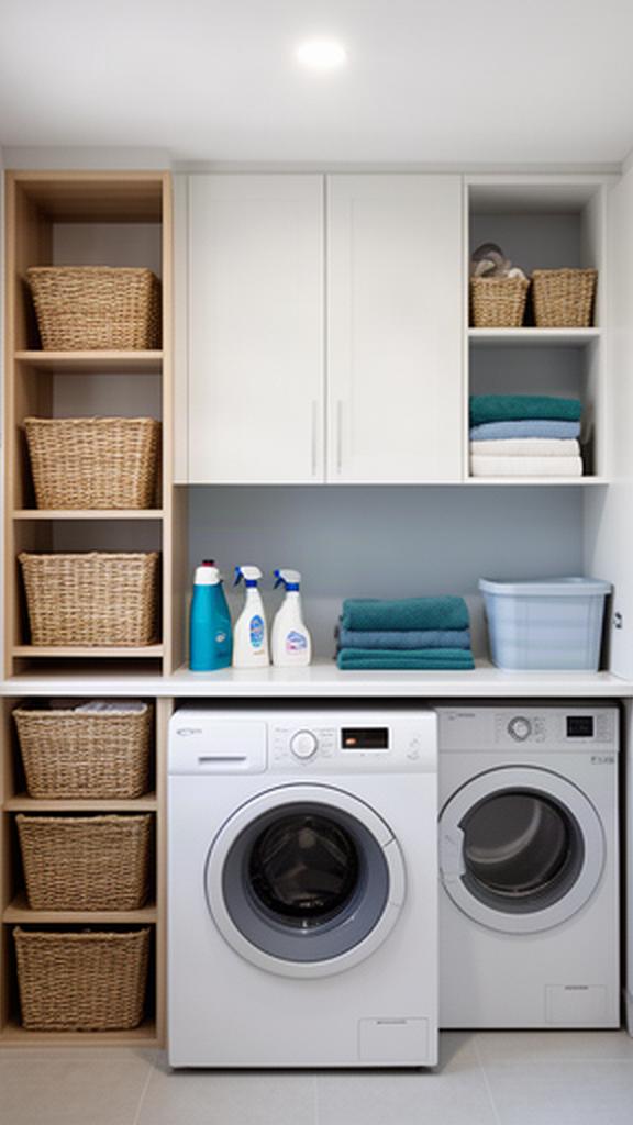 Neat laundry with labelled baskets, accessible cleaning supplies and a clear folding surface