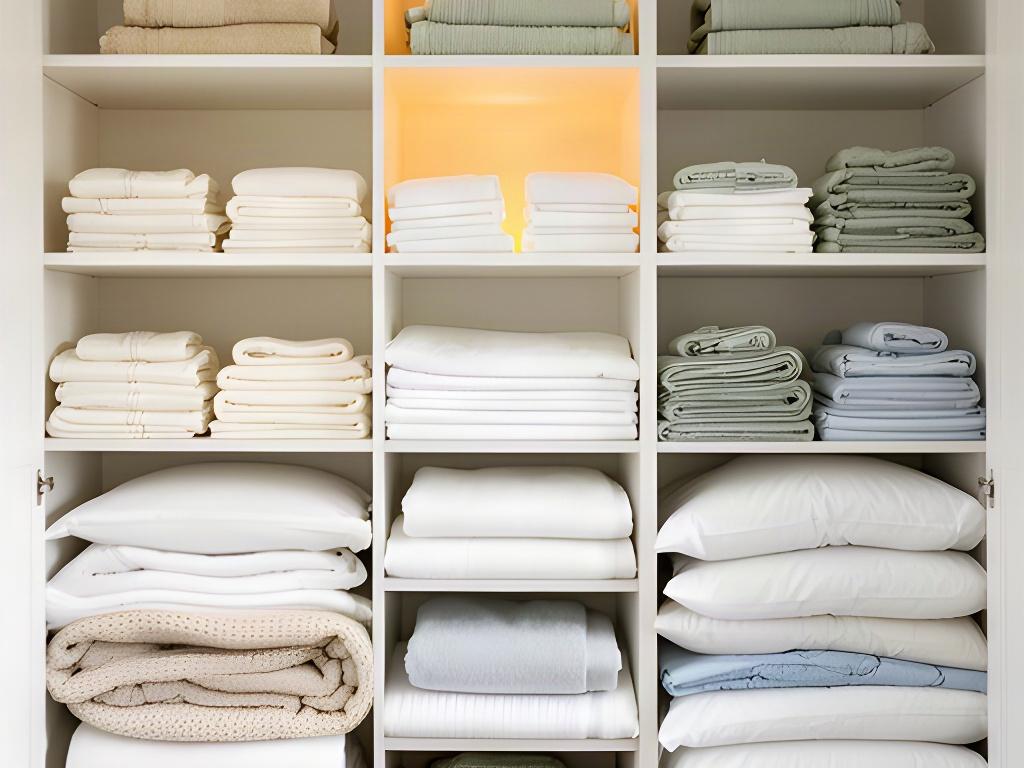 Linen cupboard organised with folded towels and bedding grouped by room