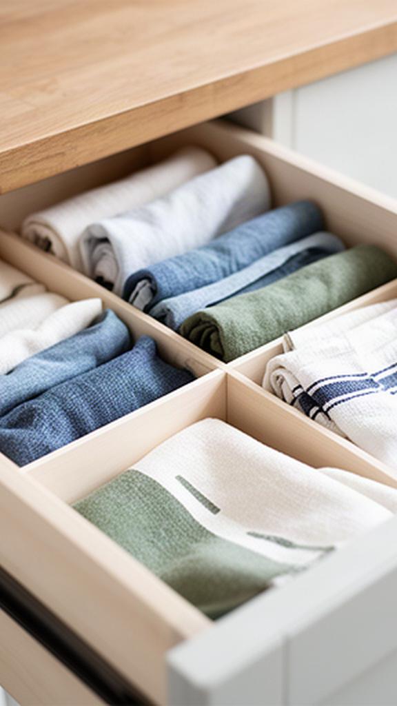 Drawer dividers holding folded tea towels and household linens in a well-used home kitchen