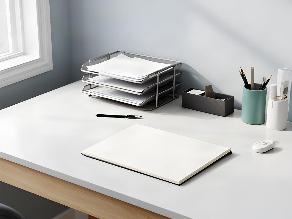 Calm home desk with a visible paper tray, a labelled notebook and clear space for one task