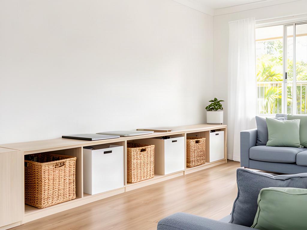Open living-room storage with a few labelled baskets and a clear route past the furniture