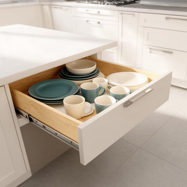 Low kitchen drawer holding daily dishes and cups within comfortable reach, with clear bench space nearby