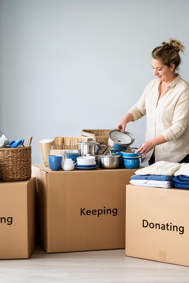 Home organiser sorting useful belongings beside labelled keep and donate boxes before a family move