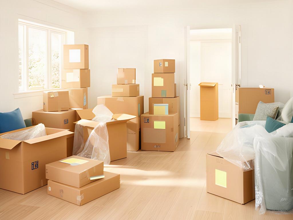 Clearly labelled moving boxes grouped by room in a tidy home ready for removalists