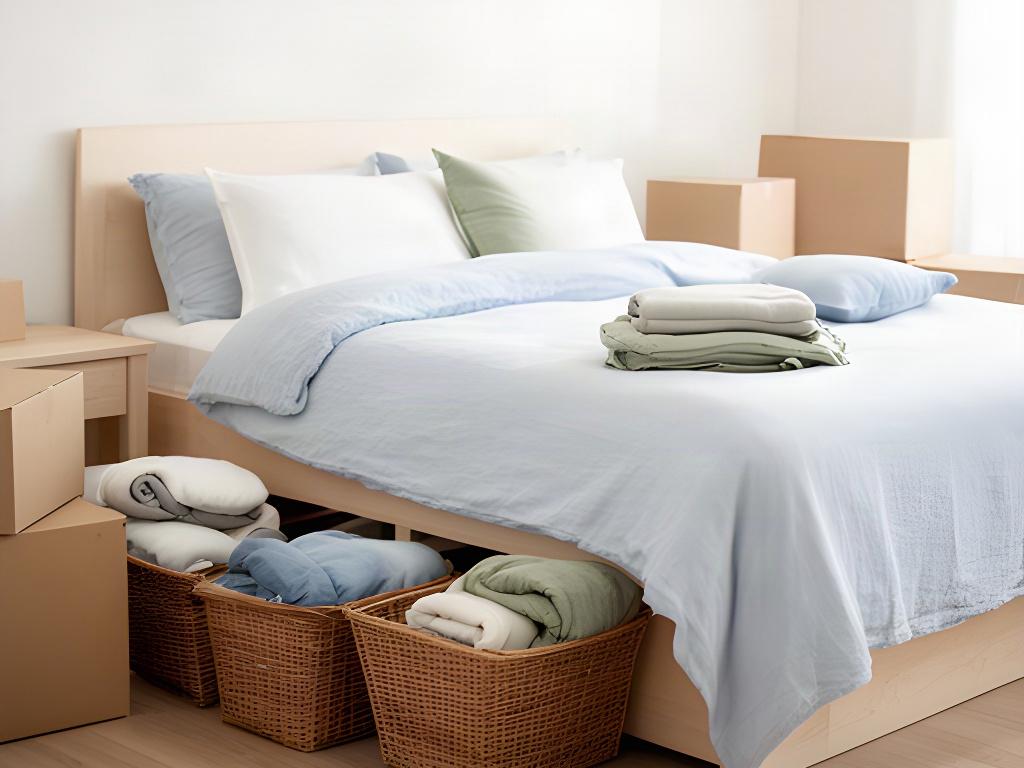 Freshly made bed with bedding stored within reach in a calm, organised new bedroom