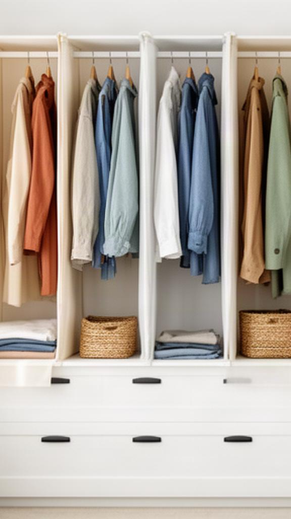 Wardrobe rail arranged by clothing season with labelled hanging sections in a bright new bedroom